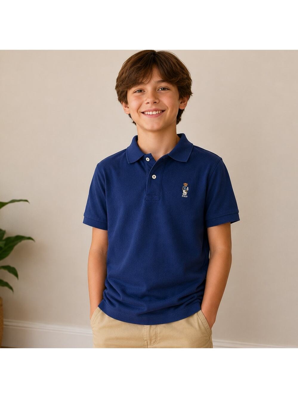 Polo Ralph Lauren Boys L (14–16) Bear Embroidered Polo Shirt – Blue – Cotton